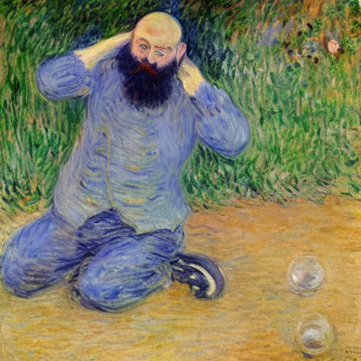 Image similar to monet painting of a bearded man with shaved head, he is vomiting on a soccer ball, highly detailed, realistic,