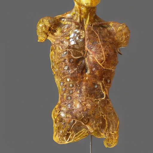 Image similar to neural system female torso with cracked skin with raw gems inlaid her skin, anatomic description, gems, gold, 8k, details, studio lighting, realism, complex lights