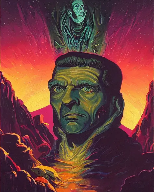 Image similar to a painting of a man standing in front of a giant face, poster art vincent di fate and jack gaughan and dan mumford, cgsociety, space art, lovecraftian, cosmic horror, poster art