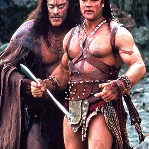 Image similar to tom hanks as conan the barbarian with a women in his arms