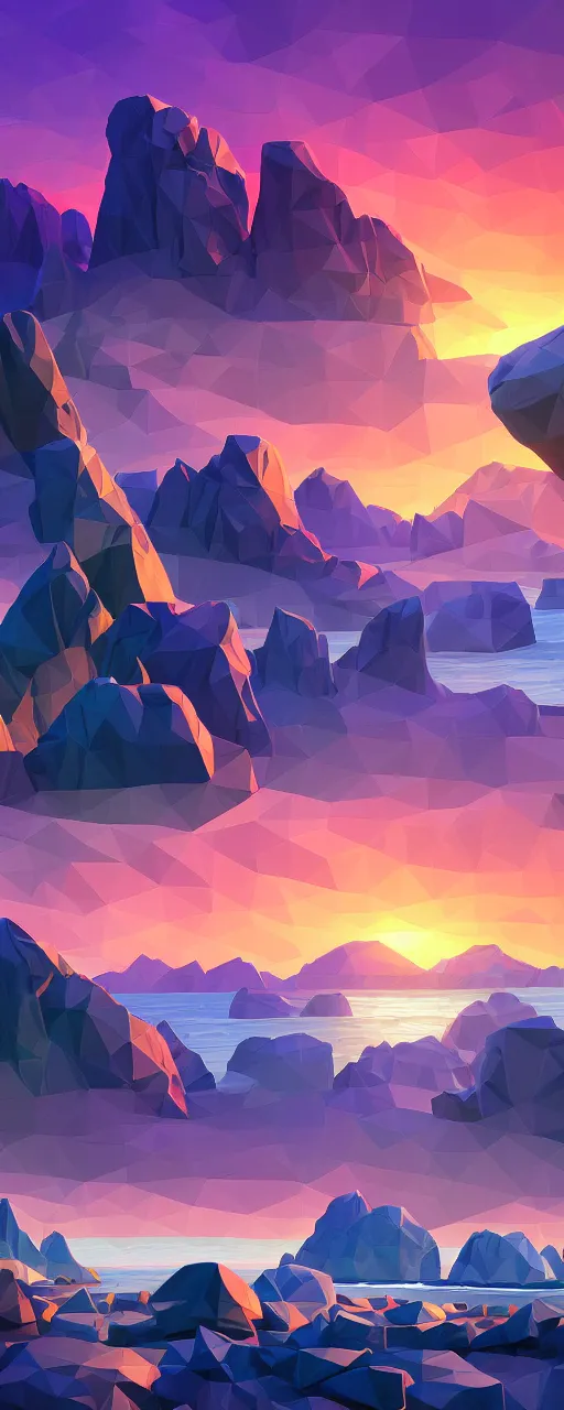 Image similar to super detailed color lowpoly art, northern sunset with rocks on front, monochrome photorealistic bay in the middle of perspective and mountains at background, big graphic ship in the middle of composition, unreal engine, high contrast color palette, 3 d render, lowpoly, colorful, digital art, perspective, robb cobb, robert mccall, syd mead