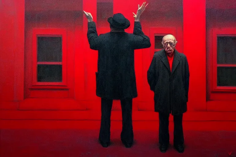 Image similar to only with red, a red old stylish man try to sell a portrait, crowd cheering, in a city square, in the style of beksinski, parts by edward hopper, parts by rodcenko, parts by yue minjun, intricate and epic composition, red by caravaggio, insanely quality, highly detailed, masterpiece, red light, artstation, 4 k