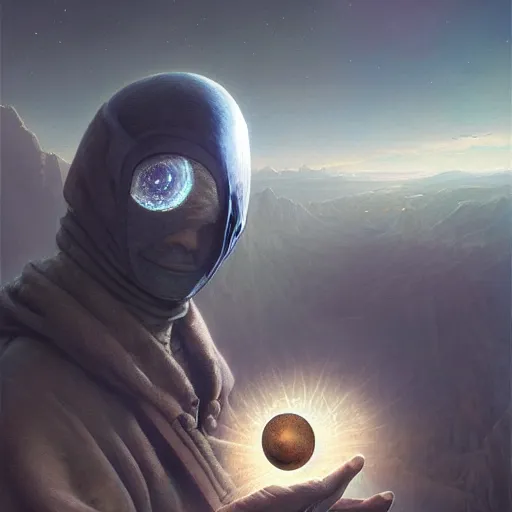 Image similar to masked nomad male wearing a cloak on an alien world and holding a holographic planet projection in his hand, detailed, sci - fi, digital painting, artstation, sharp focus, illustration, ominous, artgerm, tomasz alen kopera, peter mohrbacher, donato giancola, joseph christian leyendecker, wlop, frank frazetta