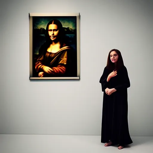 Prompt: “A woman dresses as the Mona Lisa, studio lighting, photography”