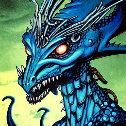 Image similar to head and shoulders portrait of a medieval d & d fantasy anthropomorphic blue dragon - headed - human hybrid with electrcity magic, comic book cover art photo by phil noto, frank miller, hr giger, alex ross, glenn fabry