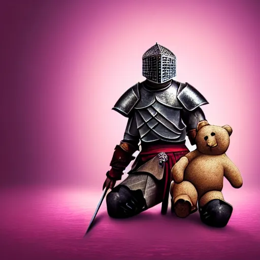 Image similar to a medieval fantasy knight holding a teddy bear inside a pink bedroom, matte oil painting, d & d, sharp focus, award - winning, extremely detailed, 4 k, 8 k