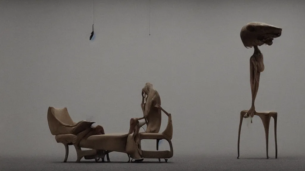 Image similar to a strange creature sits in a chair, film still from the movie directed by Denis Villeneuve with art direction by Zdzisław Beksiński, wide lens