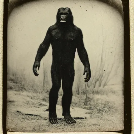 Image similar to 1 9 th century daguerreotype of the first sighting of bigfoot, black and white, horror, forest