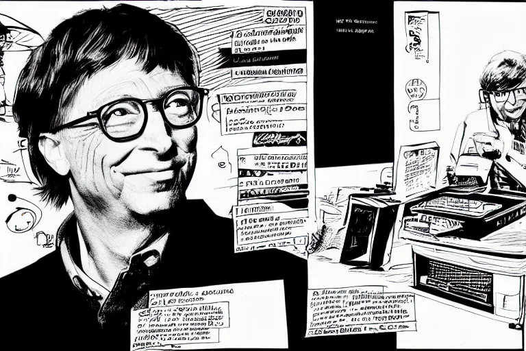 Image similar to bill gates, presenting the microsoft xbox at ces 2 0 0 1, a page from cyberpunk 2 0 2 0, style of paolo parente, style of mike jackson, adam smasher, johnny silverhand, 1 9 9 0 s comic book style, white background, ink drawing, black and white