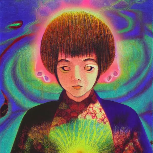 Prompt: a portrait painting of a character in a scenic environment, texture by nobuhiko obayashi, psychedelic
