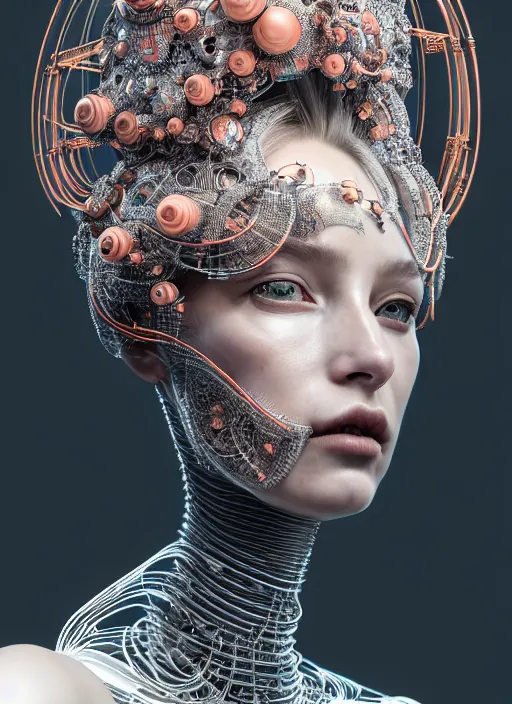 Image similar to portrait of an absurdly beautiful, graceful, sophisticated, fashionable cyberpunk mechanoid, hyperdetailed illustration by irakli nadar and alexandre ferra, intricate linework, white porcelain skin, faberge, coral headdress, unreal engine 5 highly rendered, global illumination, radiant light, detailed and intricate environment