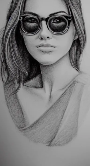 Prompt: highly detailed pencil sketch portrait of a beautiful woman with laaaaaarge glasses