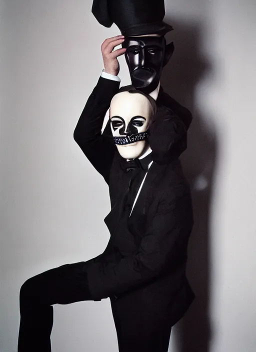 Image similar to a fashion portrait photograph of a man in a black suit wearing mask designed by jean paul gaultier, 3 5 mm, color film camera, pentax