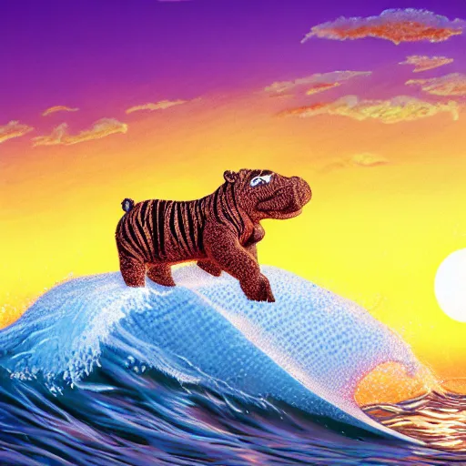 Prompt: a closeup photorealistic illustration of a cute knitted tiger hippopotamus riding a large wave during sunset. surf in the background. detailed stitching. professional capture. brightly lit scene. this 4 k hd image is trending on artstation, featured on behance, well - rendered, extra crisp, features intricate detail, epic composition and the style of unreal engine.
