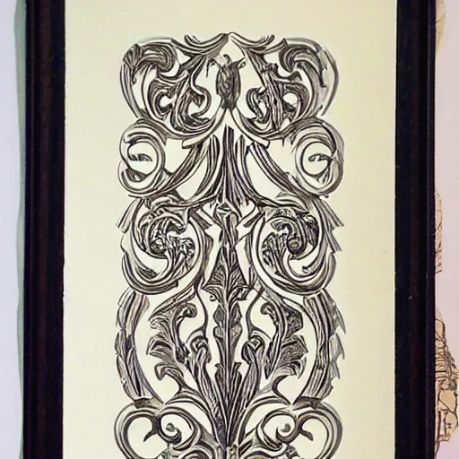 Image similar to a scrollwork engraving by sam alfano and russ abbott, master engraver, acanthus scroll, beautiful