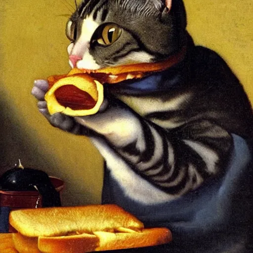 Prompt: A oil painting of a close up shot of cat eating a single sandwich by Johannes Vermeer
