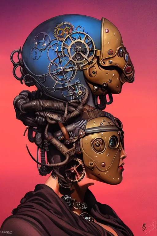 Image similar to sideview face portrait of a steampunk desert empress. by vincent di fate, james jean, dom qwek. inspired by igor goryunov andrei riabovitchev. madmax aesthetics. atmospherical, photorealistic retrofuturist concept art, trending on art station, cinematic, ultra detailed