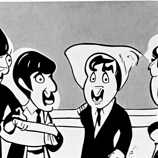 Image similar to cartoon by bob clampett about the beatles, vintage black and white film, 1 9 6 0 s