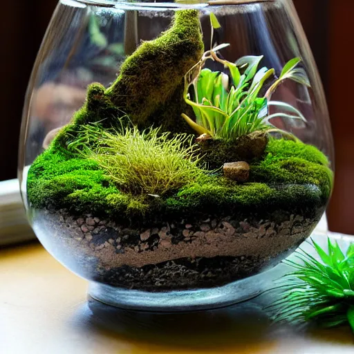 Prompt: moss terrarium with a waterfall