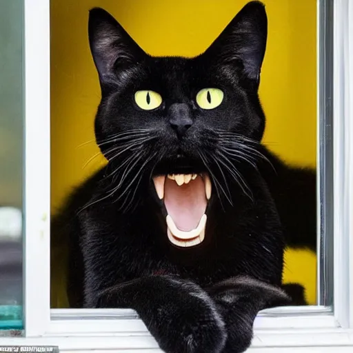 Prompt: a giant black cat with yellow eyes looking through a window at Jodie Marsh