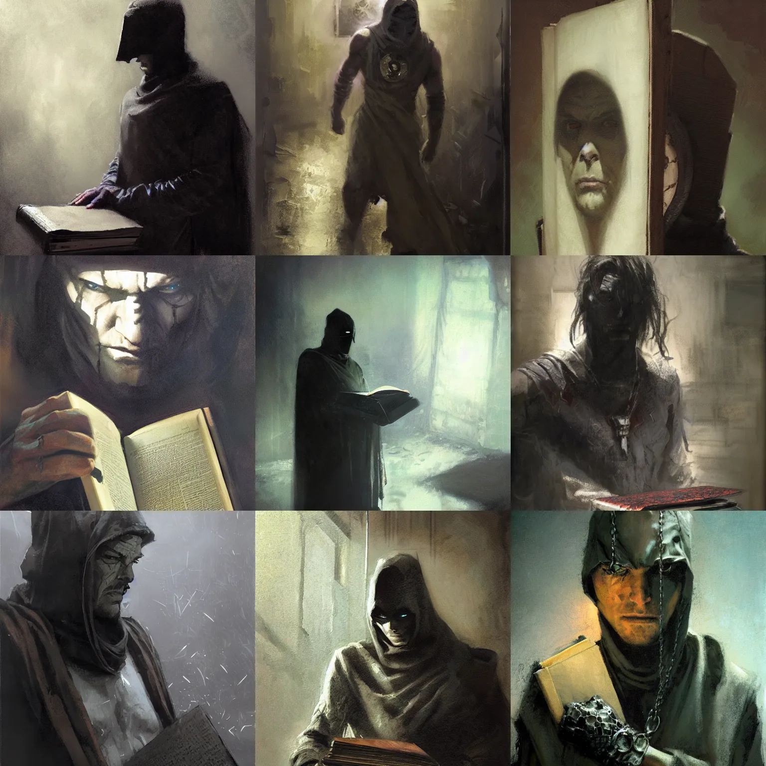 Prompt: portrait of destiny from sandman, man wearing a closed cowl, big old book chained to the wrist, by jeremy mann, by craig mullins and gerald brom, by jeff easley, face in the shadows, mysterious atmosphere, high detailed, 8 k