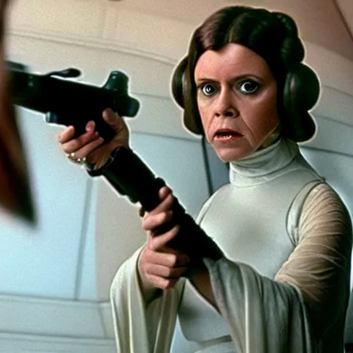 Prompt: mark Hamill dressed as princess Leia, movie still, cinematic