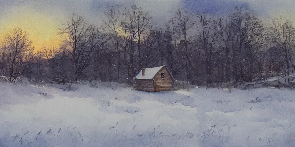 Image similar to a watercolor painting of a cabin in a snowy landscape, at dusk, painted by lars lerin, impressionism, snow storm