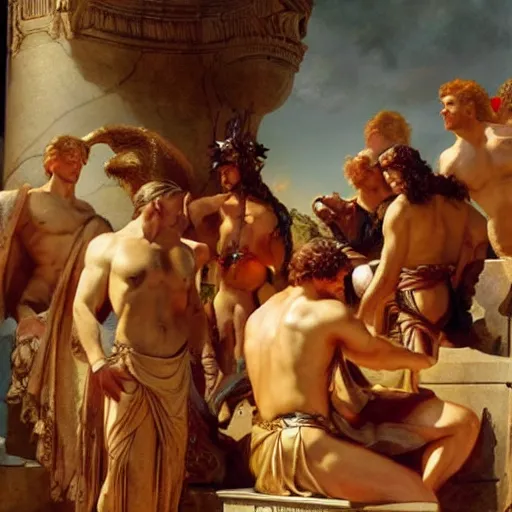 Image similar to hercules gives achilles the side - eye while they wait in line to worship at zeus's feet, throne of olympus, heavenly marble, gods and goddesses in elegant clothes, painting by gaston bussiere, craig mullins, j. c. leyendecker, tom of finland