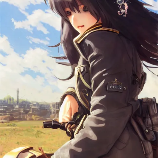 Image similar to anime style, symmetrical facial features, panoramic view, a girl riding a motorbike, vintage, soldier clothing, battlefield in background, hair down, realistic hands, from arknights, hyper realistic, 4 k, extreme detail, trending artstation, safebooru, realistic lighting, by alphonse mucha, greg rutkowski, sharp focus