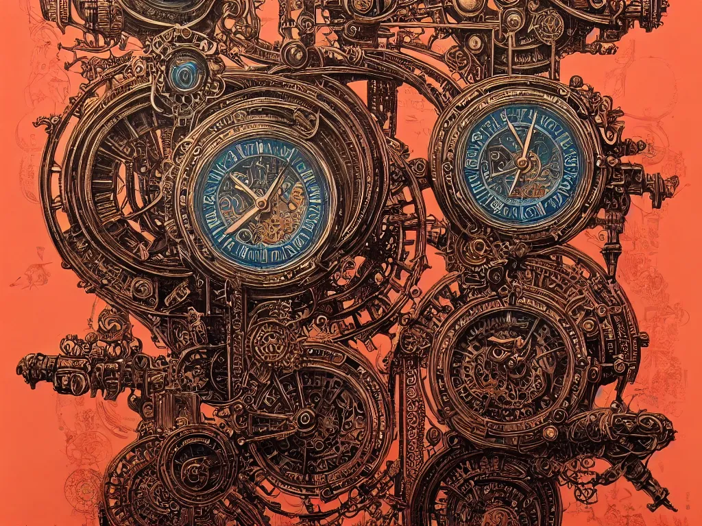 Prompt: ornate steampunk time machine, high details, intricately detailed, by vincent di fate, inking, lineart, 3 color screen print, masterpiece, trending on artstation,, sharp, details, hyper - detailed, hd, 4 k, 8 k