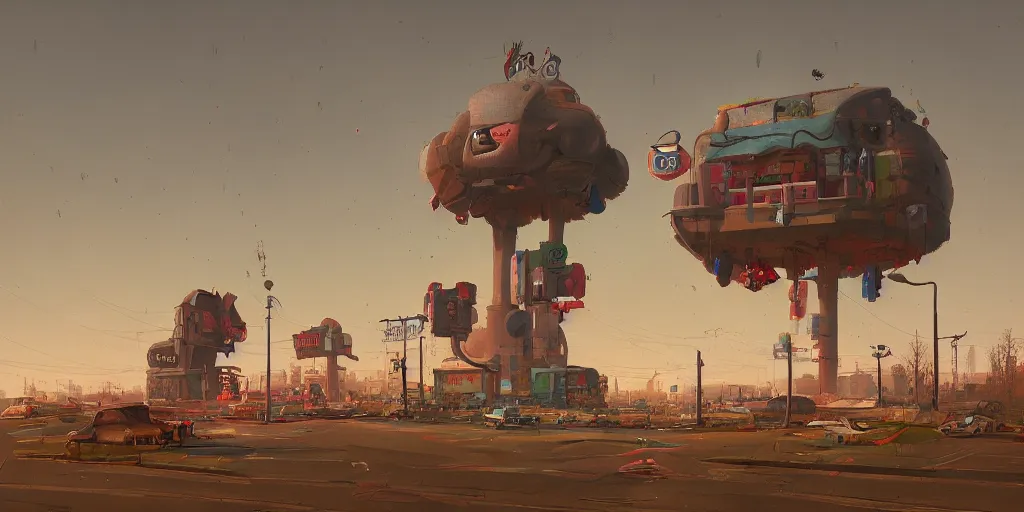 Image similar to a weird town city places with a giant weird animalsimon stalenhag, high detail, digital art, realistic, trending on artstation