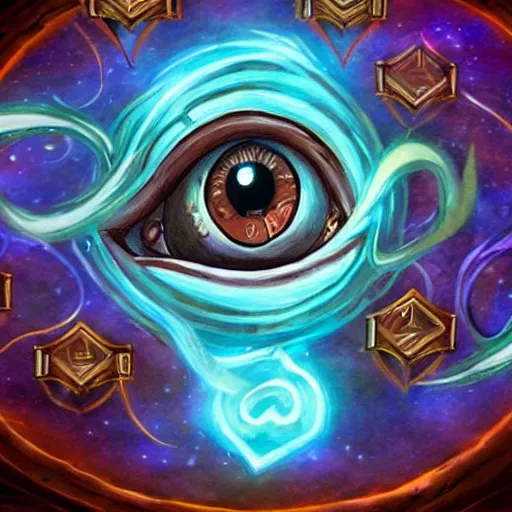 Image similar to giant eye magic spell casting surrounded by magic smoke with some floating magic cards in front of the eye, hearthstone coloring style, epic fantasy style art, fantasy epic digital art