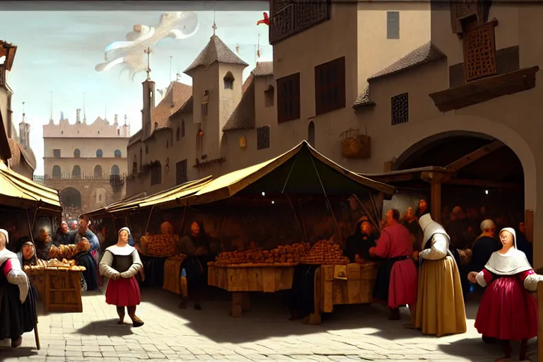 Prompt: A medieval market, between the products being sold are mobile phones, ear phones, laptops, and other devices!! Some people walking around, big depth of field, matte painting, trending on artstation, hyper detailed, sharp, baroque painting, painted by Velazquez