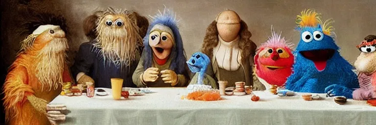 Prompt: the last supper on sesame street and cookie monster and big bird and oscar and muppet. art by hieronymus bosch, colorful, detailed eyes