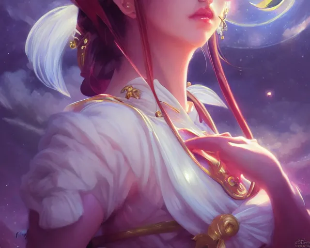 Image similar to photography of sailor moon, deep focus, d & d, fantasy, intricate, elegant, highly detailed, digital painting, artstation, concept art, matte, sharp focus, illustration, hearthstone, art by artgerm and greg rutkowski and alphonse mucha