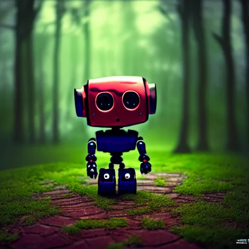 Image similar to a cute little robot in a wood. super realistic 8 k render of a dark hooded powerful elegant, cinematic composition