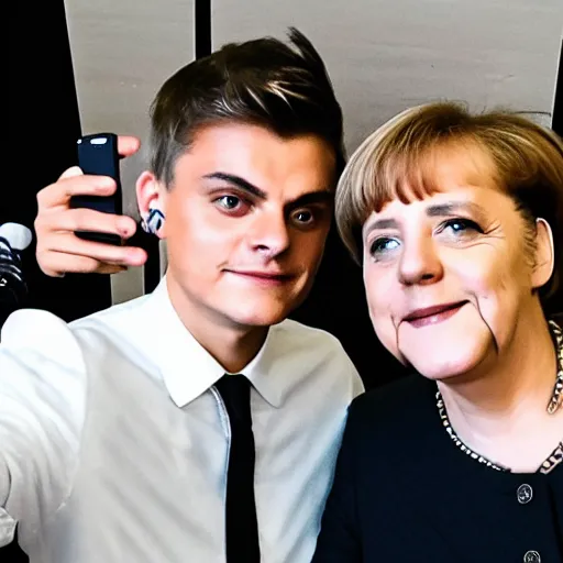 Prompt: martin garrix taking a selfie with angela merkel