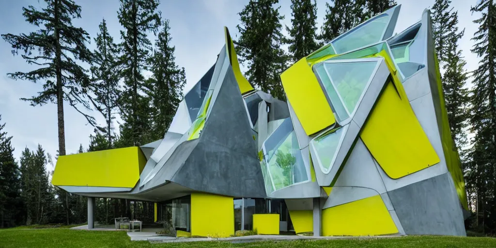 Image similar to large futuristic residence, cascadian, white concrete, large blue and green windows, yellow and green metal, triangular elements