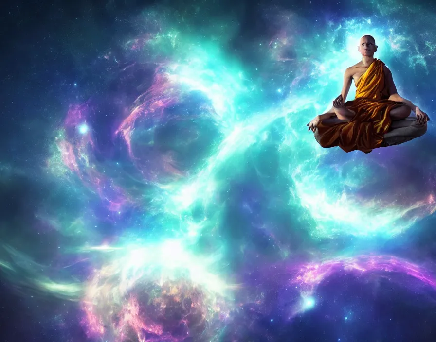 Prompt: energy meditating monk in space, nebula, stars, realistic, beautiful texture, beautiful graphics, fantasy artwork, very beautiful scenery, hd, hdr, ue 5, ue 6, unreal engine 5, cinematic 4 k wallpaper, 8 k, ultra detailed