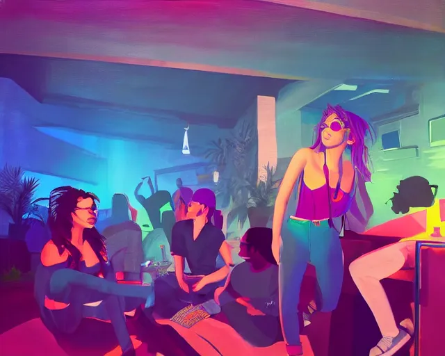 Image similar to a painting of a popular teenager hanging out with her friends at a super cool house party packed with other friends, synthwave, retrowave, synth, volumetric lighting, unreal engine, atmospheric, hip, cool, college party, arcade