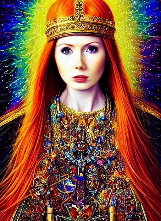 Image similar to beautiful 20 year old Karen Gillan as the goddess priestess of joy. ultra detailed painting at 16K resolution and amazingly epic visuals. epically beautiful image. amazing effect, image looks gorgeously crisp as far as it's visual fidelity goes, absolutely outstanding. vivid clarity. ultra. iridescent. mind-breaking. mega-beautiful pencil shadowing. beautiful face. Ultra High Definition. godly shading. amazingly crisp sharpness. photorealistic film cel processed twice..