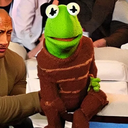 Prompt: a date romantic between dwayne johnson and kermit the frog