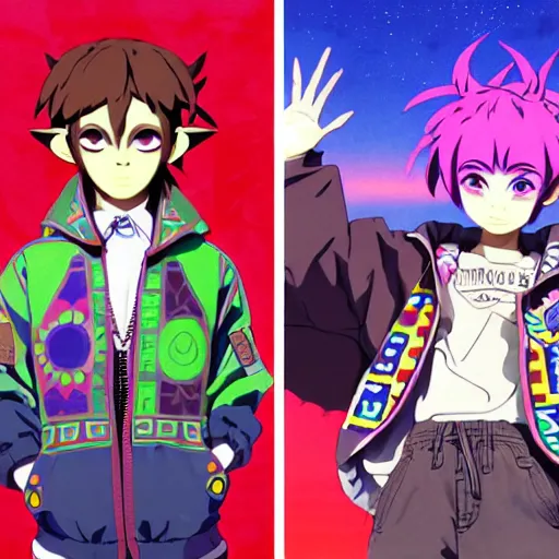 Image similar to majora majora's mask wearing oversized mayan bomber jacket with overalls, bulky poofy bomber jacket with mayan patterns, aztec street fashion, genshin impact art style, gapmoe yandere grimdark, trending on pixiv fanbox, painted by greg rutkowski makoto shinkai takashi takeuchi studio ghibli, akihiko yoshida