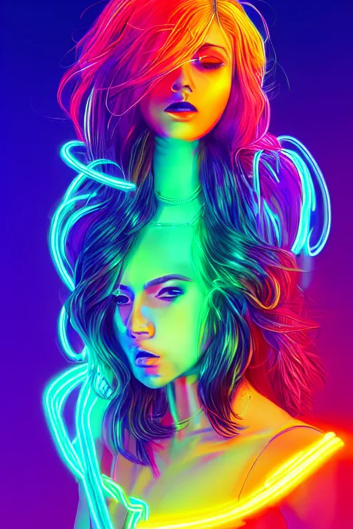 Image similar to a award winning half body portrait of a beautiful woman with stunning eyes in a croptop and cargo pants with rainbow colored ombre hairstyle head in motion and hair flying by thomas danthony, surrounded by whirling illuminated neon lines, outrun, vaporware, shaded flat illustration, digital art, trending on artstation, highly detailed, fine detail, intricate