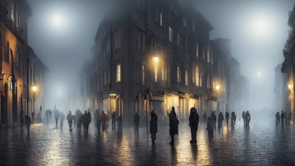 Image similar to dim sun over a crowd of people on street of the old town with houses in the windows of which the light is on. early morning, fog on ground, wet street. mike barr painting. volumetric light, dull colors, dark, noir arthouse, 3 5 mm, hight detalied, hd, 4 k