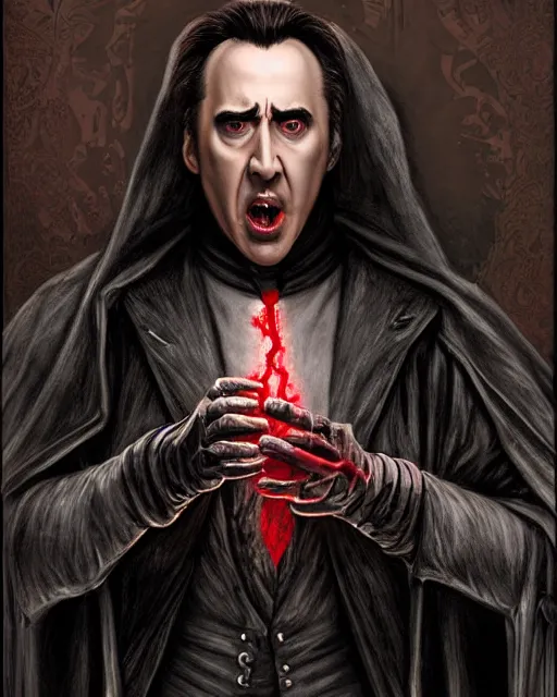 Prompt: nicolas cage as dracula, drink blood, highly detailed, centered, artstation, concept art, smooth, sharp focus, illustration, bokeh art by artgerm and donato giancola and joseph christian leyendecker