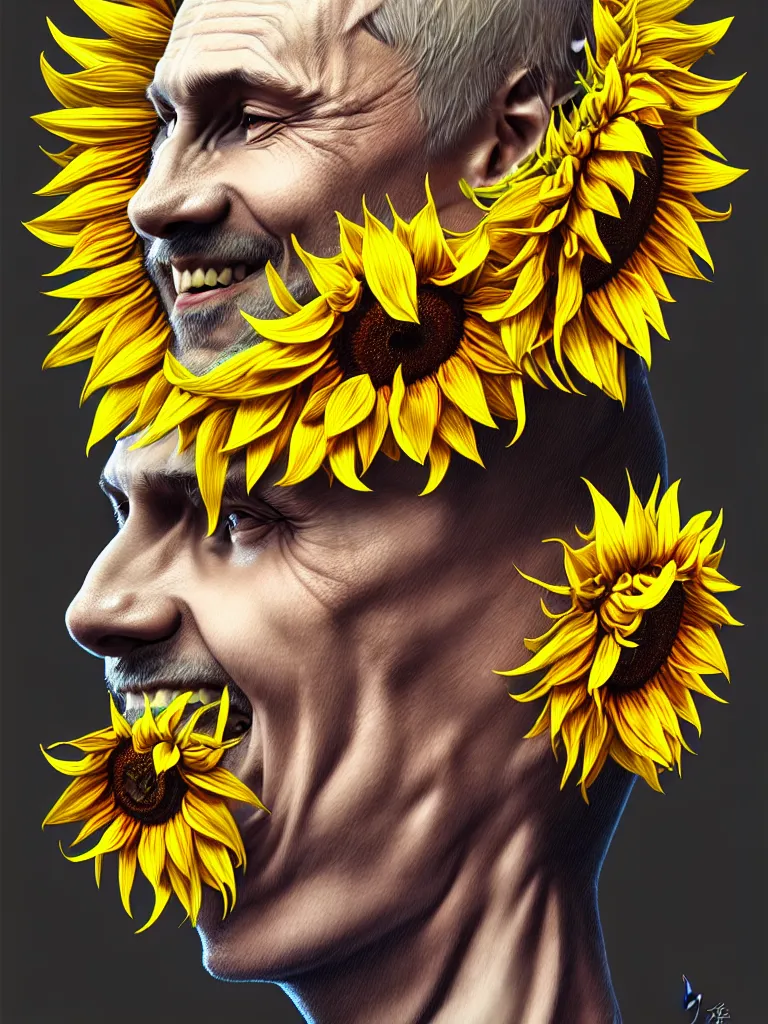 Image similar to digital art, centered full body of Putin smiling king, Sunflower crown, ,intricate, veins, by James Jean and by artgerm , by ross tran ultradetailed, charachter design, concept art, trending on artstation,