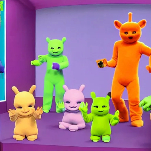 Image similar to tinky winky eating tubby custard, horror, creepy, teletubbies lost creepy spooky bloody episode, realistic,