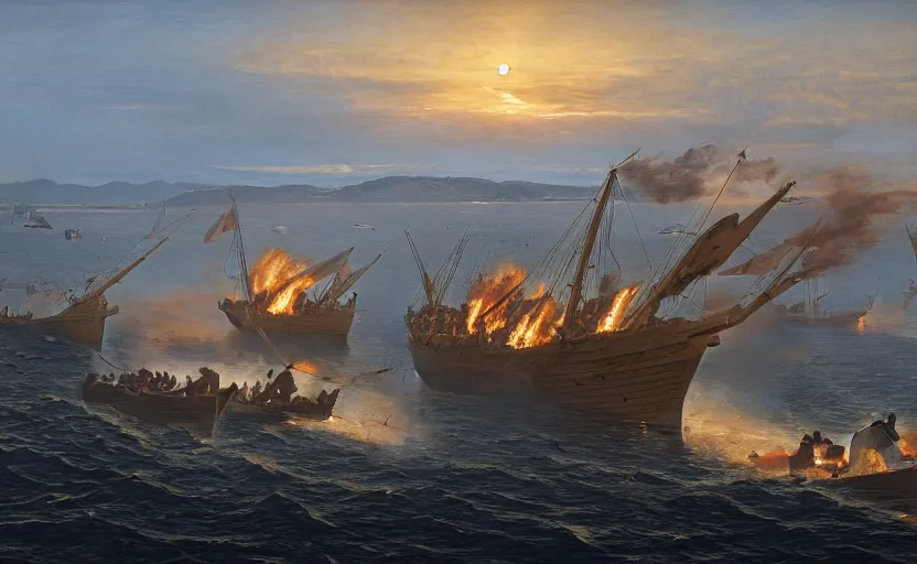 Prompt: the battle of salamis with triremes on fire, photography, war photography, golden hour, extremely detailed, 4 k