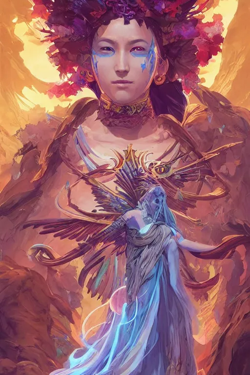 Image similar to shamanic priestess tarot card design by artgerm, tooth wu, dan mumford, beeple, wlop, rossdraws, james jean, marc simonetti, artstation giuseppe dangelico pino and michael garmash and rob rey and greg manchess and huang guangjian and makoto shinkai